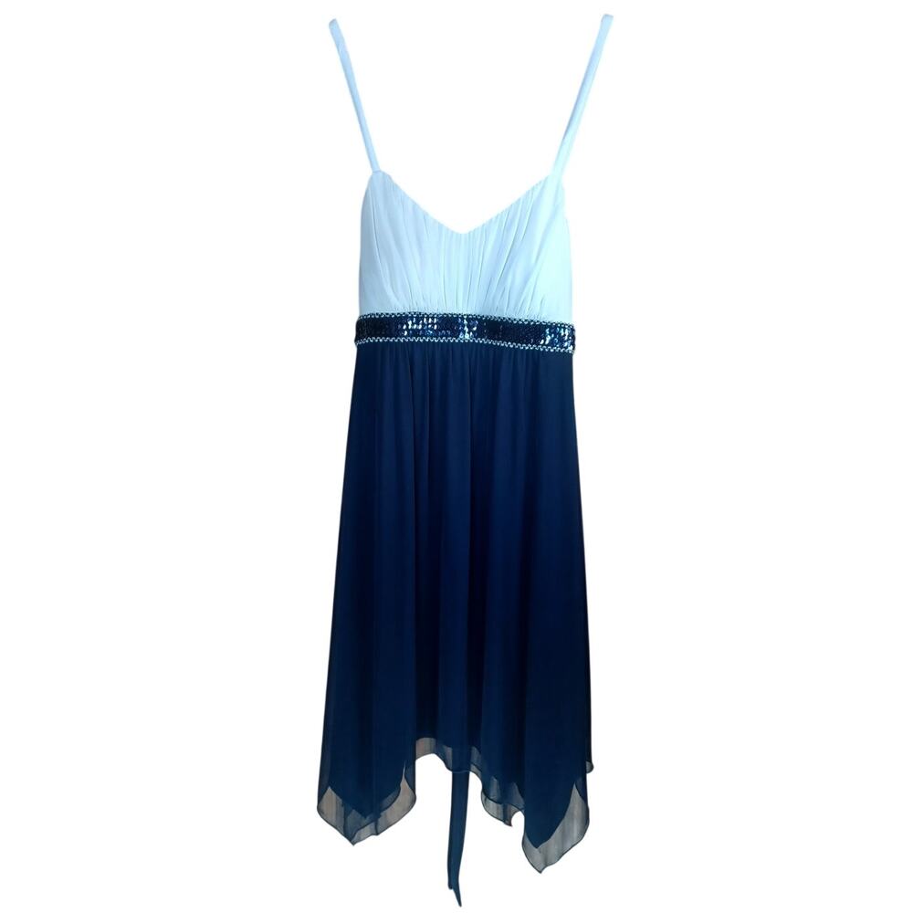 VTG Enfocus Studio White & Blue Sequin Babydoll Empire Waist Y2K Dress Size 16
